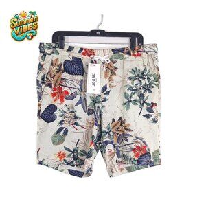 JOGAL Men's XL Tropical Print Hawaiian Shorts Drawstring Lightweight Beachwear